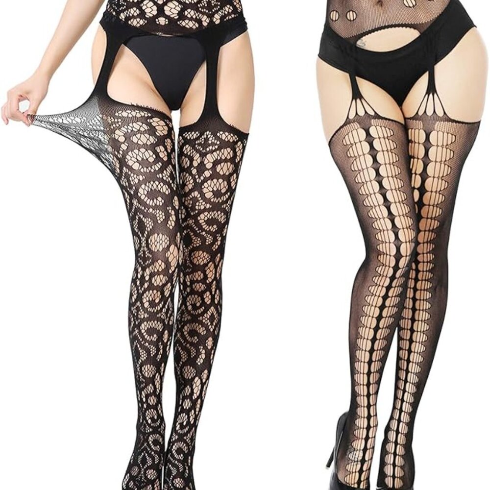 NEW!  2 Pairs High Waist Fishnet Tights, Thigh High Suspender Stockings Black